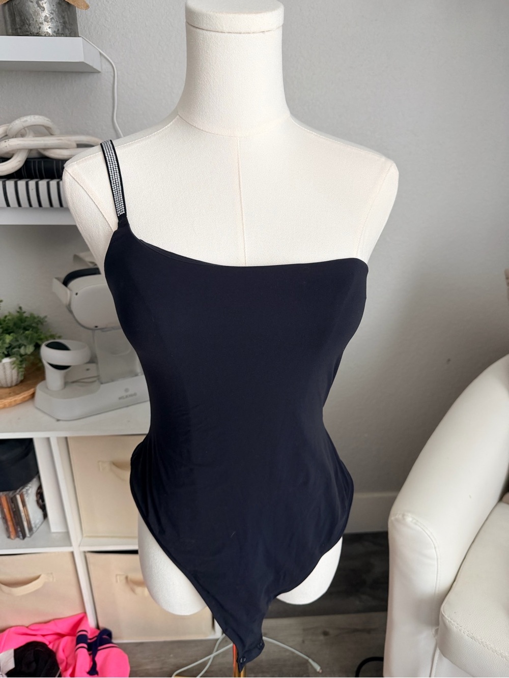 Savage X Fenty Black One-Shoulder Bodysuit with Contrasting Strap